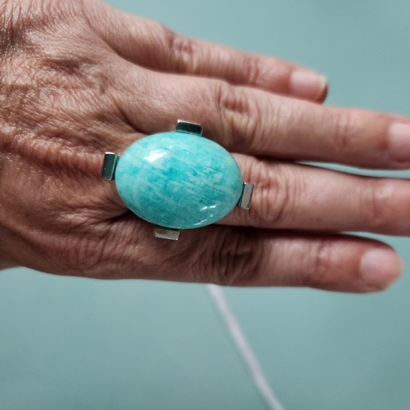 Sterling silver amazonite white sapphire statement ring, size 7, preloved - Picture 2 of 8